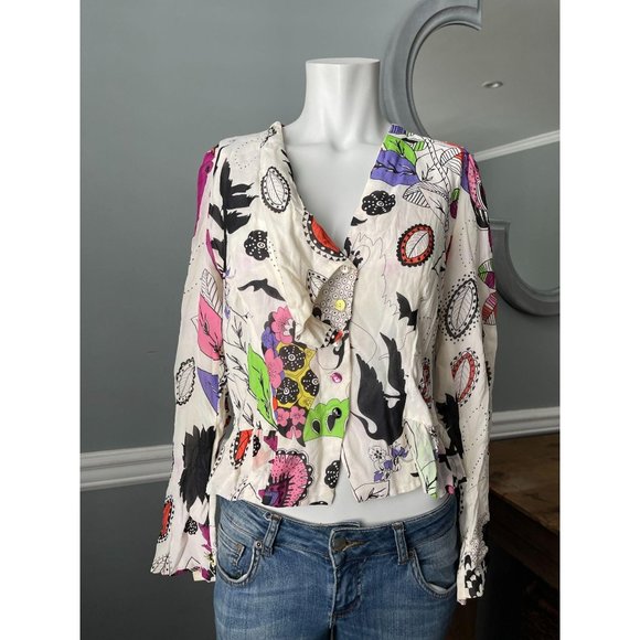 CHACOK Printed Silk V Neck Button Front Blouse - 2 - Picture 2 of 6